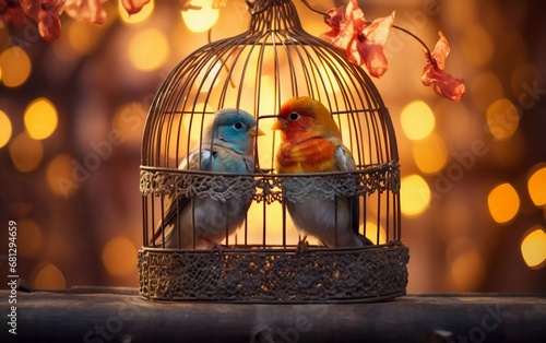 Realistic photo of cute love birds in a cage, outdoors. generative ai photo