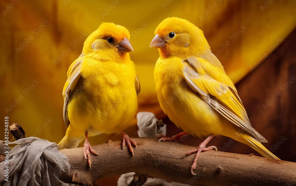 Realistic photo of a pair of canaries, indoors. generative ai