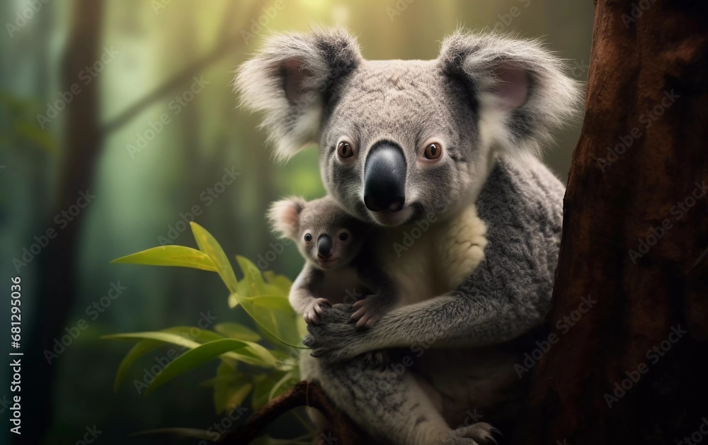 Realistic photo of mother koala with baby on her back, on a tree with tropical rainforest background. generative ai