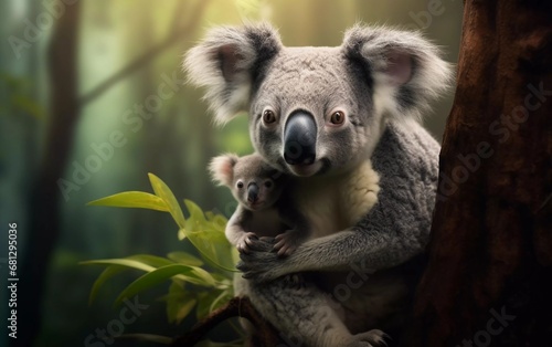 Realistic photo of mother koala with baby on her back  on a tree with tropical rainforest background. generative ai