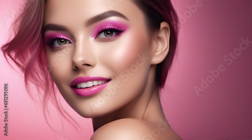 Fashion editorial Concept. Closeup portrait of stunning pretty woman with chiseled features, pink makeup