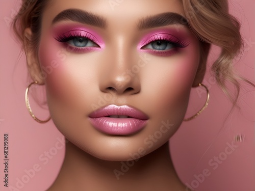 Fashion editorial Concept. Closeup portrait of stunning pretty woman with chiseled features  pink makeup