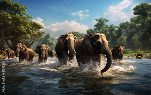 Realistic photo of a group of elephants bathing in a river, daytime background. generative ai