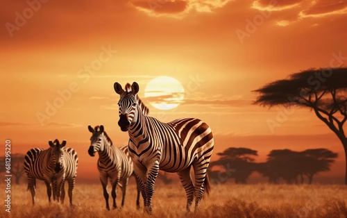 Realistic photo of a group of zebras in the African savanna, twilight background, serengeti national park. generative ai