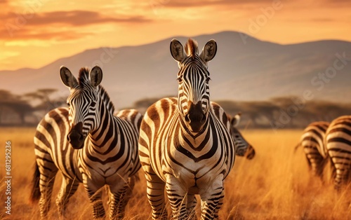 Realistic photo of a group of zebras in the African savanna  twilight background  serengeti national park. generative ai