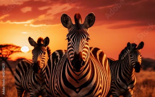 Realistic photo of a group of zebras in the African savanna  twilight background  serengeti national park. generative ai