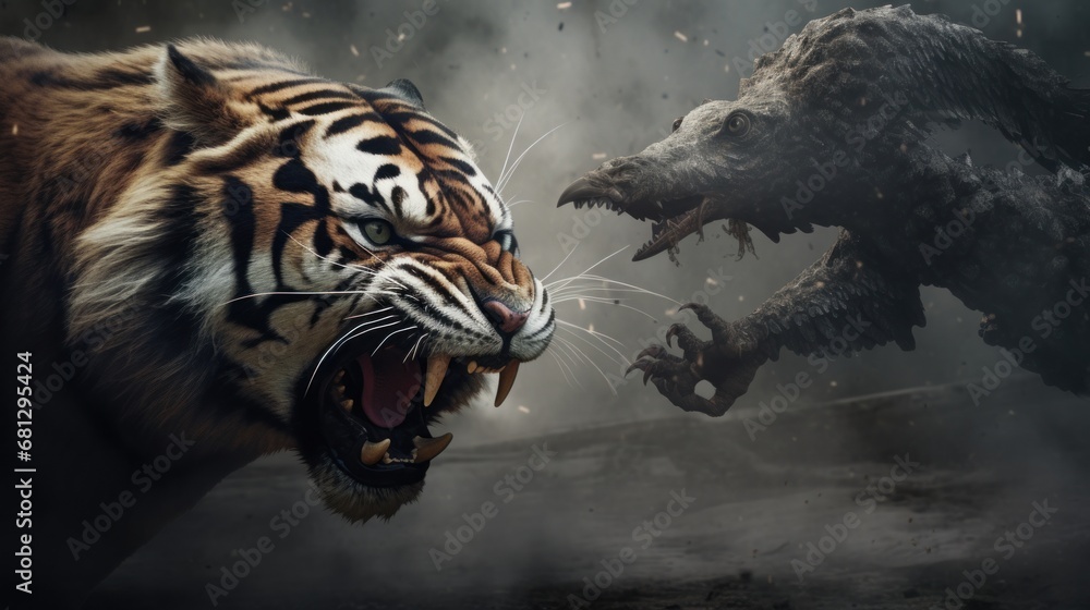 tiger vs monster background wallpaper ai generated - obrazy, fototapety, plakaty 