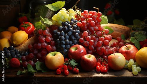 A table of fresh, organic fruits apple, grape, strawberry, tomato generated by AI