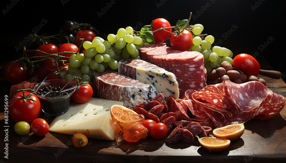 Freshness and variety on a wooden table tomato, grape, meat generated by AI