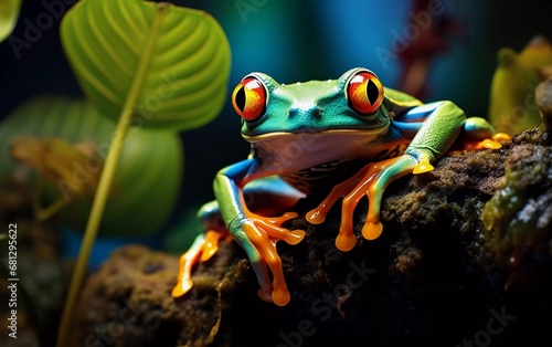 Realistic photo of colorful yellow-eyed tree frog in its tropical setting. generative ai