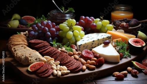 A gourmet buffet fresh fruit, bread, meat, cheese, and wine generated by AI