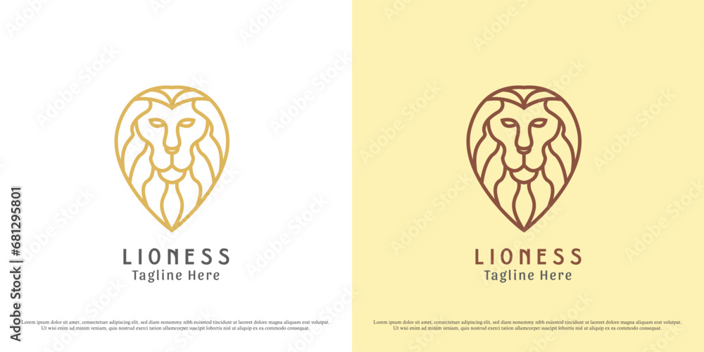 Lion head logo design illustration. Silhouette shadow lion wild wild animal zoo tag carnivorous animal crest majesty monarch elegant bold luxury drawing logo, - obrazy, fototapety, plakaty 