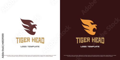Tiger head logo design illustration. Animal character symbol tiger head claws fangs fur carnivore predator wild fauna. Simple flat icon bold royal modern minimalist monarch.
