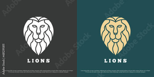 Lion head logo design illustration. Silhouette of the head of a lion, king of the jungle, wild animal, carnivore, predator, kung, mammal, fangs, claws, fur, hair. Simple minimalist flat symbol emperor