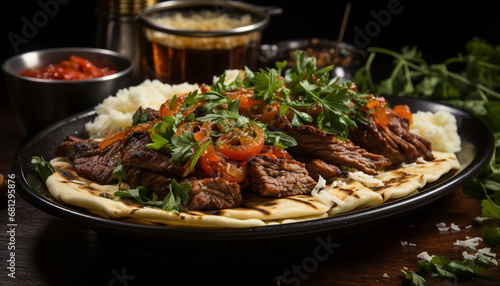 Grilled beef steak on rustic plate with fresh tomato salad generated by AI