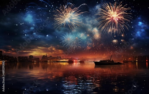 Realistic photo of new year's eve celebration, panoramic greeting card holiday background, fireworks in the night sky. generative ai