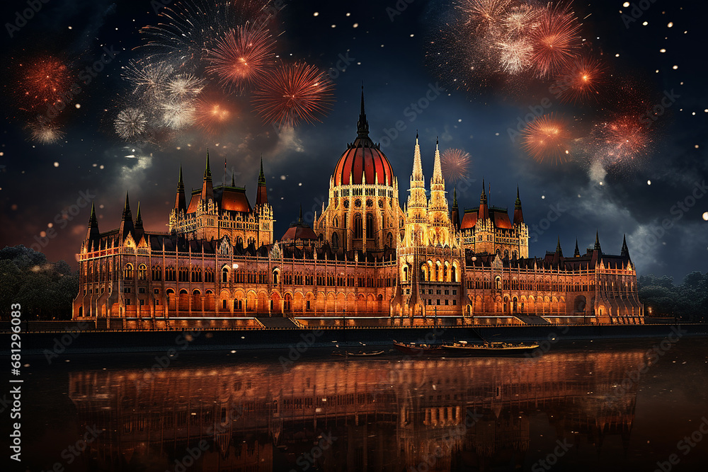 Fototapeta premium Generative AI Image of New Year Celebration with Hungarian Parliament Building in Europe