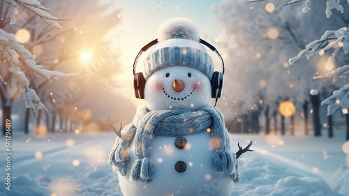 a snowman in musical headphones, listening to a winter melody, a cheerful greeting card for Christmas or new year. photo