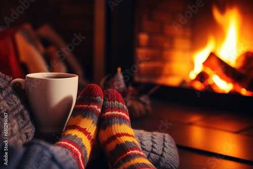 Feet in woolen socks by the Warm Christmas fireplace . generative ai photo