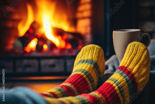 Feet in woolen socks by the Warm Christmas fireplace . generative ai