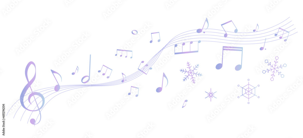 遠近感のある冬をイメージした楽譜のフレームイラスト　五線譜　背景イラスト　音符、音楽記号のイラスト	