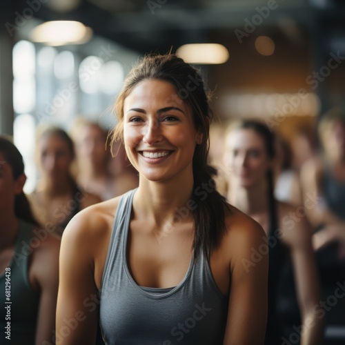 Cheerful young woman sitting on yoga pose . Caucasian fair skinned girl smiling and looking to camera in gym, Workout, leisure life © Kowit
