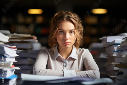 Young female employee very busy with ongoing paperwork
