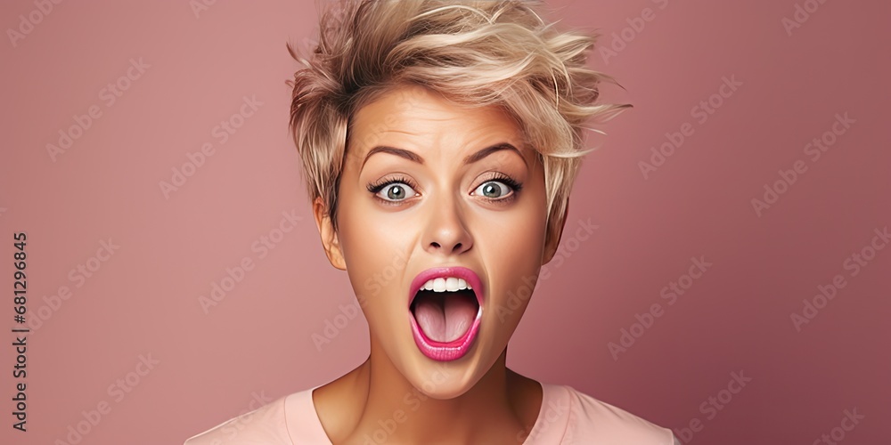 blonde woman with open mouth and short hair, generative AI blonde woman with open mouth and short hair, generative AI