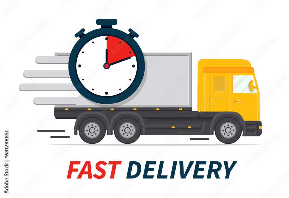 Fast delivery with truck. Timely, express moving service with timer. Order shipping on time, quick dispatch. vector illustration.. Fast delivery with truck. Timely, express moving service with timer. Order shipping on time, quick dispatch. vector illustration..