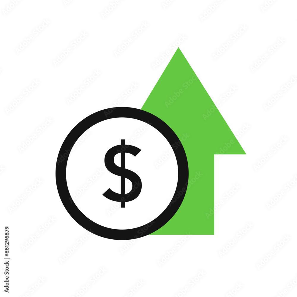 Dollar rate increase. Cost rising icon with money sign and growth arrow. Increase price, higher profit. vector..