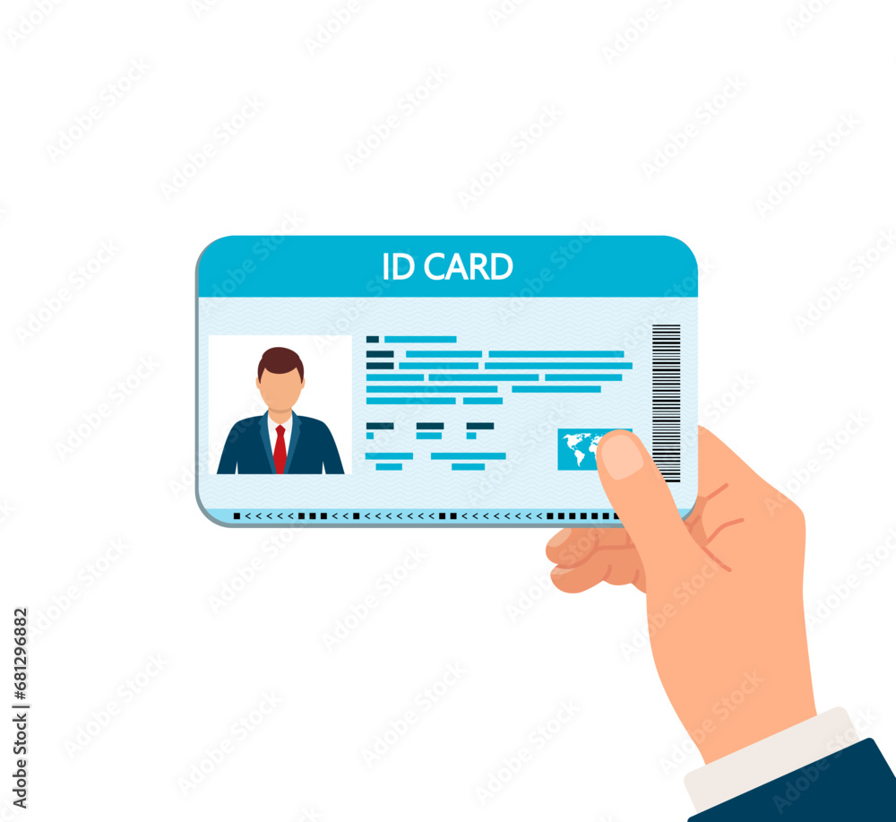 Hand holding the ID card. Personal identity with photo of business man. Man shows the Identification card. vector . Hand holding the ID card. Personal identity with photo of business man. Man shows the Identification card. vector .