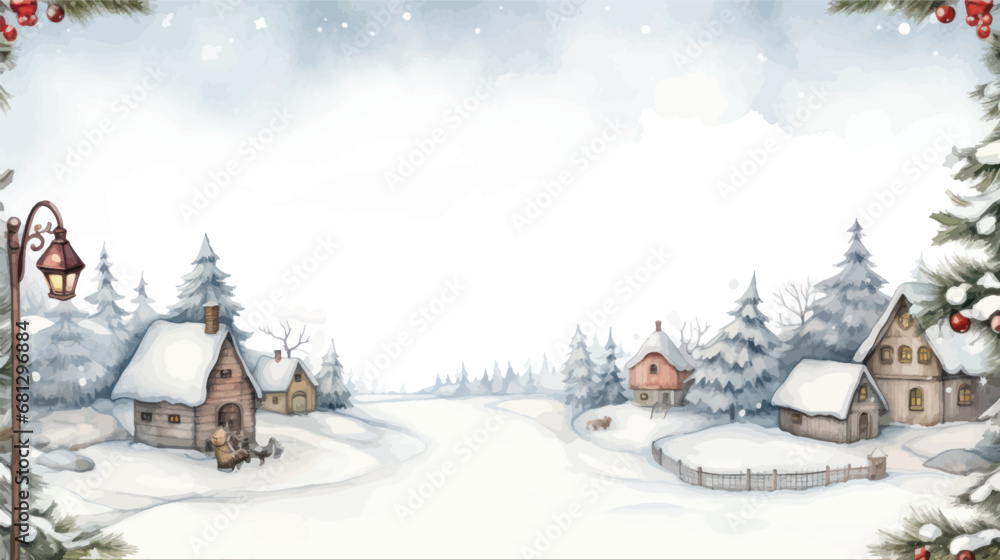 Watercolor Painting of a Deer Standing in a Snowy Landscape with a Village in the Background Watercolor Painting of a Deer Standing in a Snowy Landscape with a Village in the Background
