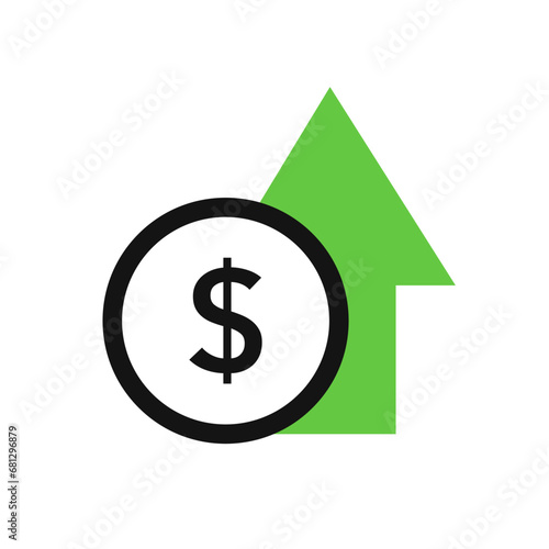 Dollar rate increase. Cost rising icon with money sign and growth arrow. Increase price, higher profit. vector..