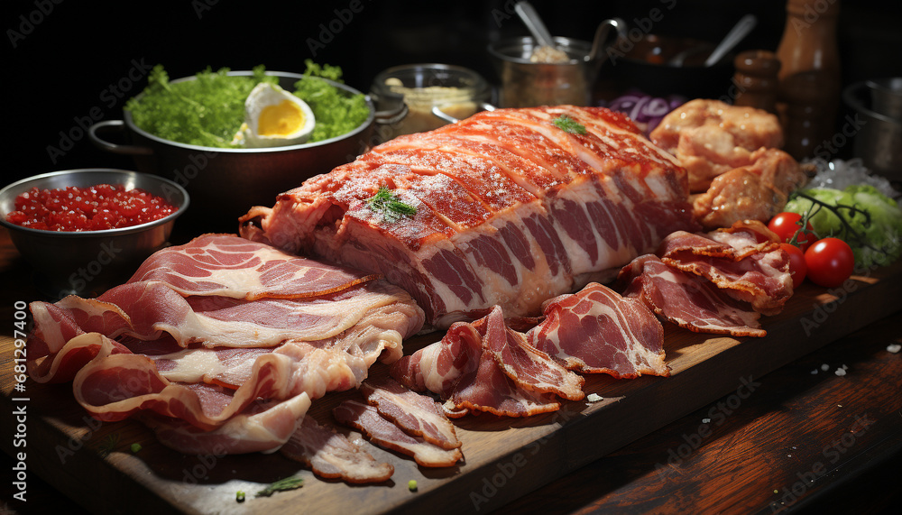 Grilled pork slice on rustic wooden plate, ready to eat generated by AI Grilled pork slice on rustic wooden plate, ready to eat generated by AI