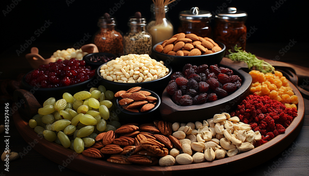 Healthy eating variety of organic fruits and nuts on wooden bowl generated by AI