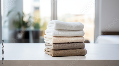 白とベージュと茶色のふわふわのタオル4枚が畳まれて置いてある写真 photo