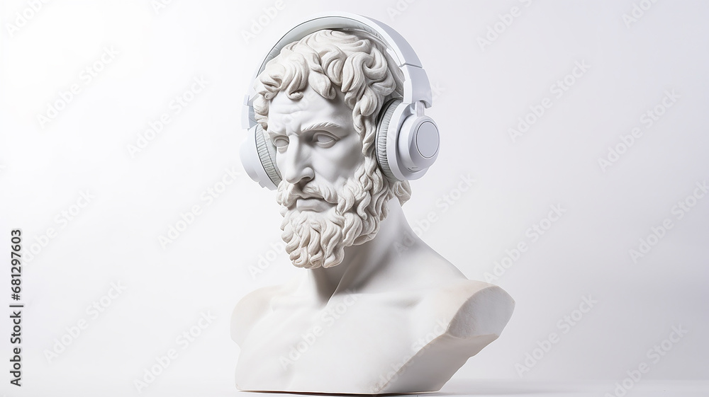 classical music concept, the head of an abstract fictional ancient male statue in modern music headphones, listening to music on a white background - obrazy, fototapety, plakaty 