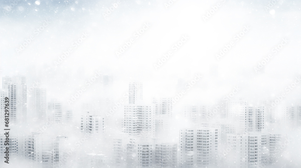 blizzard in the city, abstract blurred light white urban background, snowfall on the background of apartment buildings in the city, silhouette, copy space