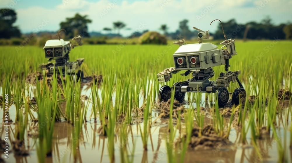 Fototapeta premium farmer robot in rice field background wallpaper AI generated image