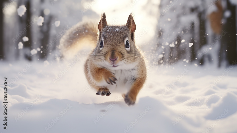 squirrel in winter, a cute fluffy squirrel in the wild runs through fluffy snow in a dynamic pose squirrel in winter, a cute fluffy squirrel in the wild runs through fluffy snow in a dynamic pose