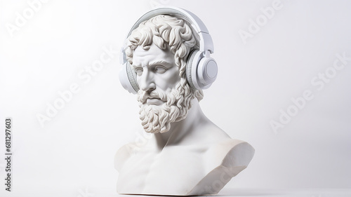 classical music concept, the head of an abstract fictional ancient male statue in modern music headphones, listening to music on a white background photo