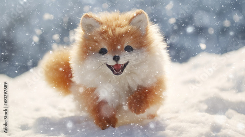 fox, fluffy plush children's toy running through the winter snow, snowfall, snowflakes falling cold christmas season, greeting card © kichigin19