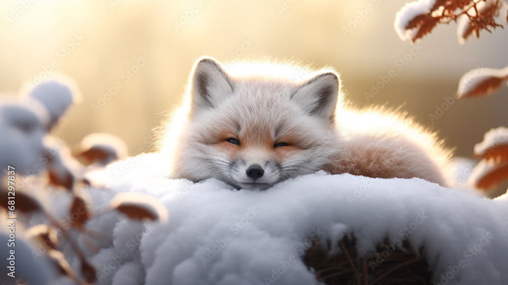 cute fox cub sleeping in the wild on the background of winter at sunset, the incredible beauty of winter wildlife