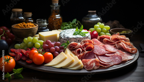 Freshness and variety on a rustic wooden table gourmet meal generated by AI