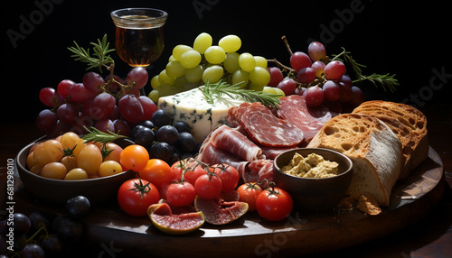 Freshness and variety on a rustic wooden table grape, bread, meat, tomato, cheese, and wine generated by AI