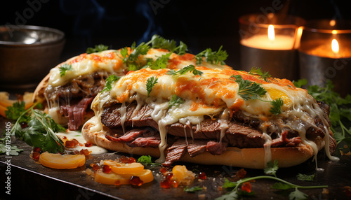 Grilled beef sandwich, fresh vegetables, homemade sauce, rustic meal generated by AI