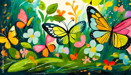 Butterfly garden in gouache