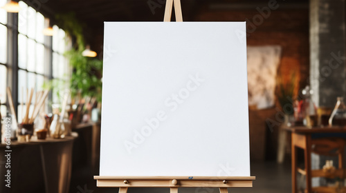 Wooden easel with a blank white canvas in modern interior of artis studio room