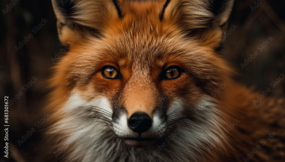 Red fox staring, alertness in nature, beauty in wildlife portrait generated by AI Red fox staring, alertness in nature, beauty in wildlife portrait generated by AI