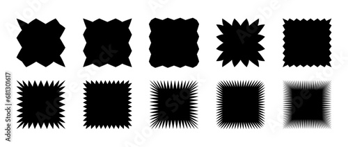 Zig zag edge squared shape collection. Jagged square elements set. Black graphic design element pack for decoration, banner, poster, template, sticker, badge, label, tag, flyer. Vector bundle